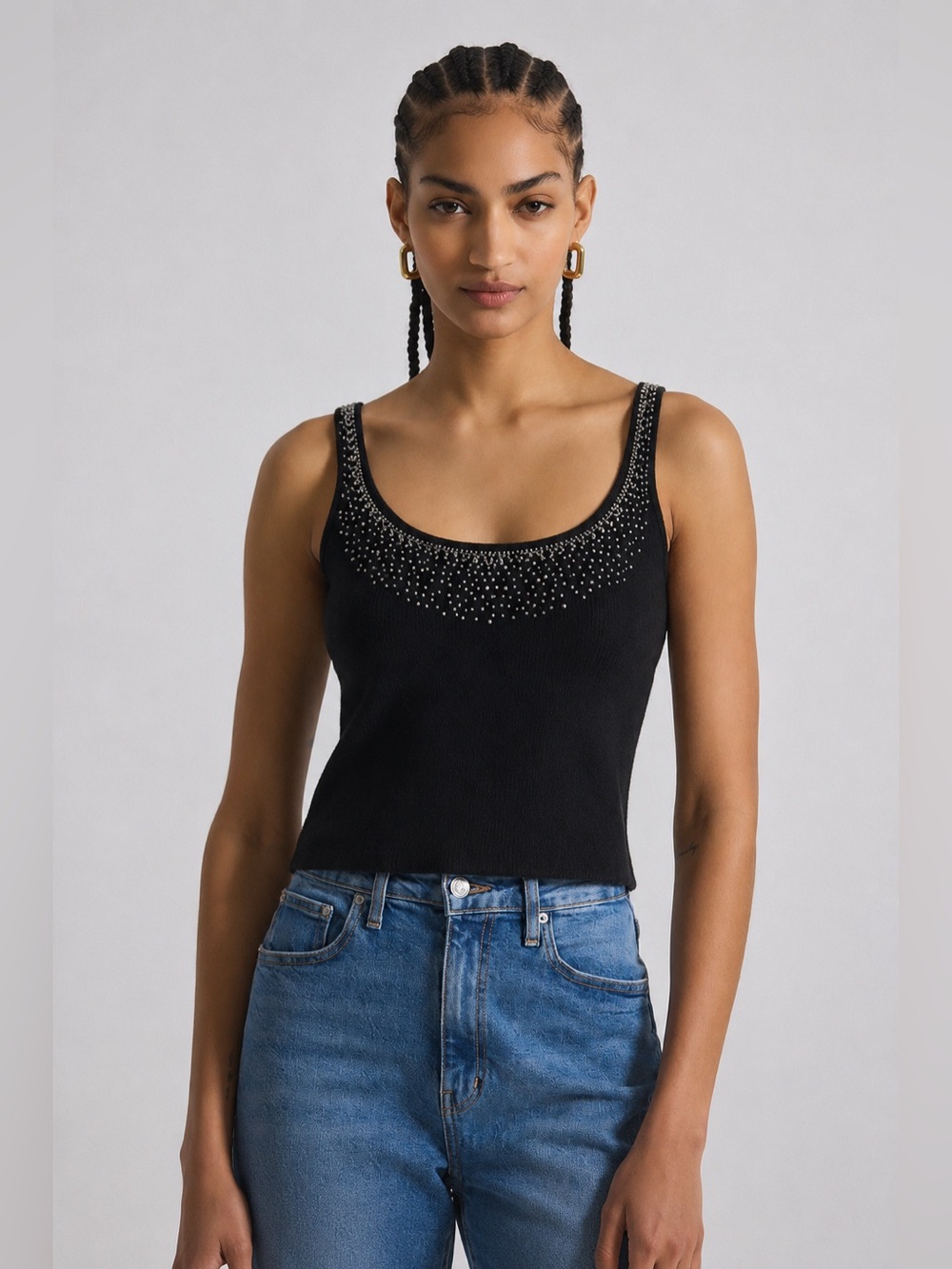 Vintage Evelyn 100% Cashmere Beaded Y2K Tank Strappy Sleeveless Black Top 856